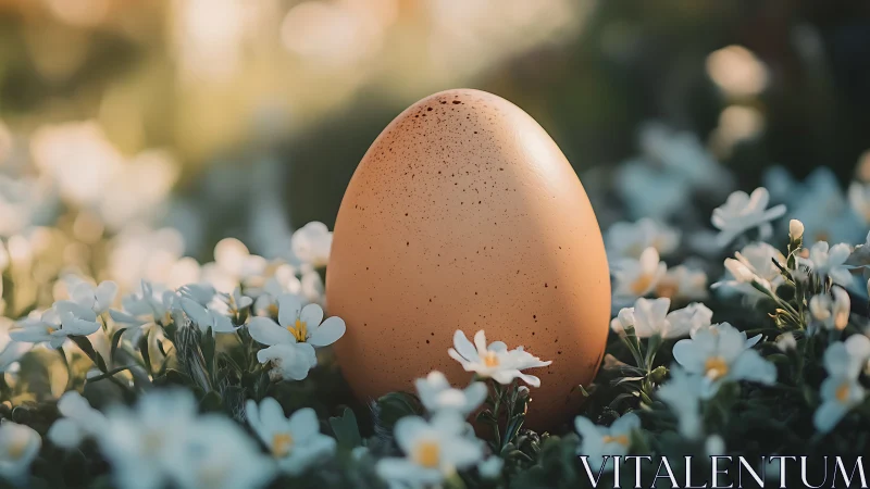Macro bokeh study of speckled brown egg among white flowers