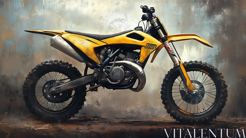 Mud hungry yellow dirt bike poised in painterly storm light.