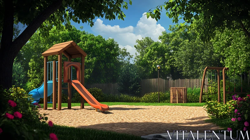 Sunlit wooden playground amid lush green garden trees.