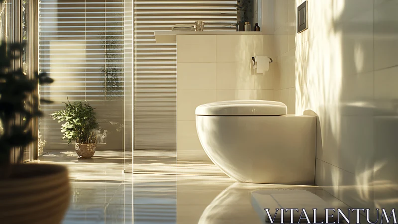 Sunlit minimalist bathroom with wall mounted toilet design.