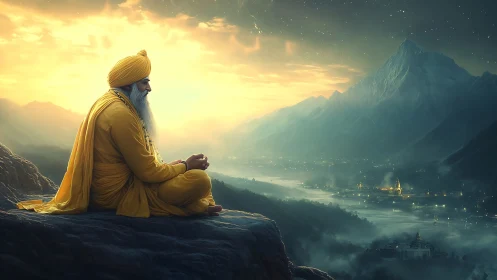 Meditating elder in saffron robes overlooks luminant river valley