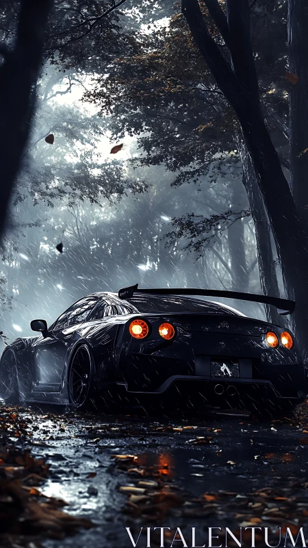 Midnight supercar waits in a rain-soaked forest road.