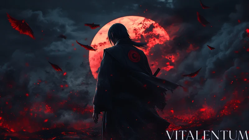 Lone warrior before blood-red moon in burning stormscape.