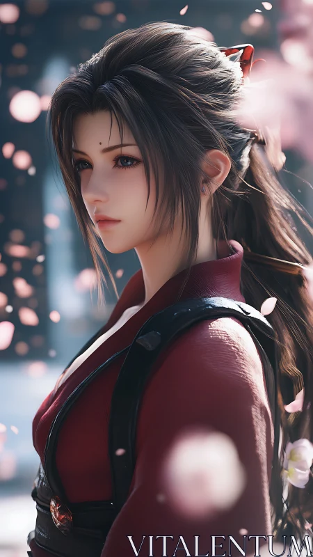 Samurai heroine stands amid drifting cherry blossoms.