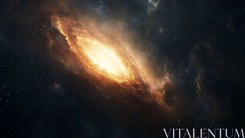 Glowing spiral galaxy core in dense star field in space.