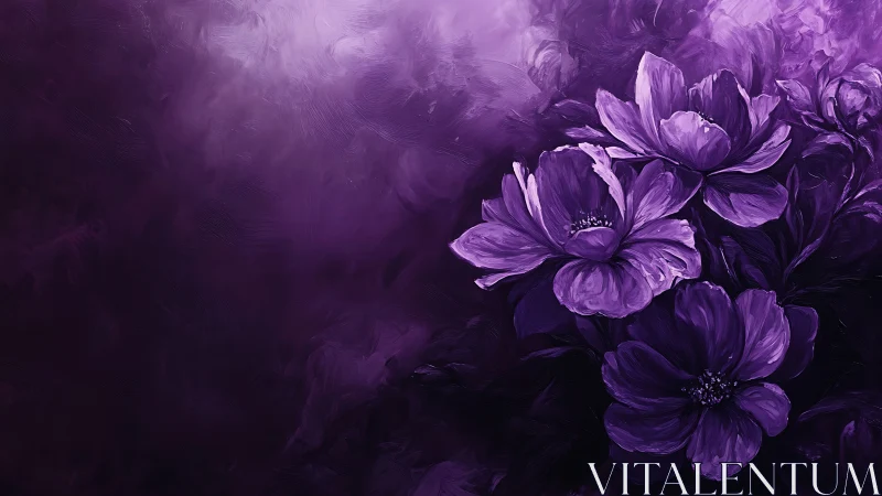 Purple Peony Blooms Rendered with Oil Painting Texture and Atmospheric Depth