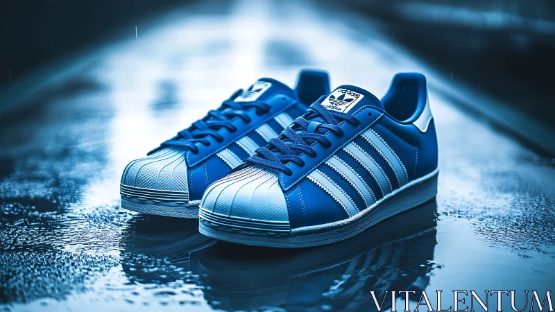 Blue shell-toe sneakers on reflective wet urban surface.