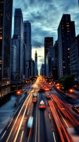 City dusk rush with glowing light trails and tall towers.