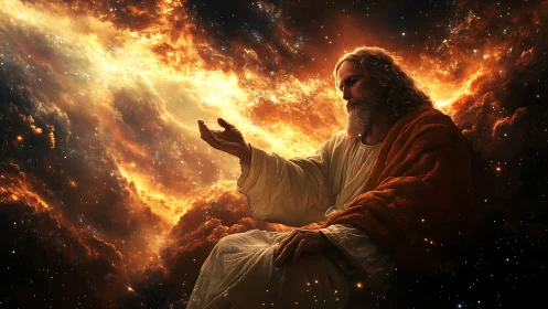 Cosmic creator seated in firelit nebula of unfolding stars.