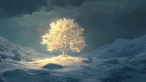 Luminous winter tree glows alone in vast snowy valley