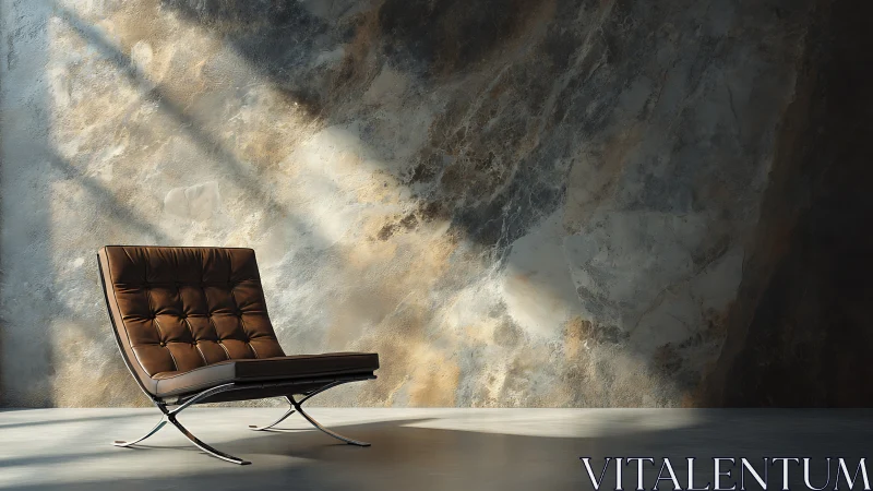 Modern leather lounge chair offset against textured stone wall