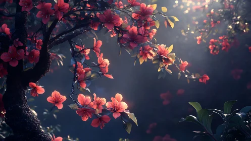 Volumetric lighting illuminates blooming cherry branches with deep shadow depth.