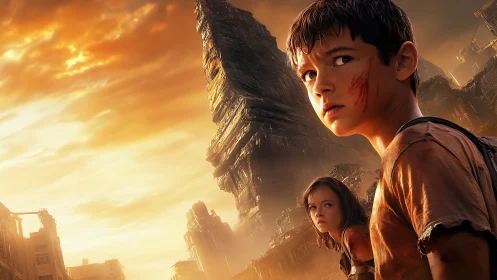 Two injured children in ruined city at orange sunset.