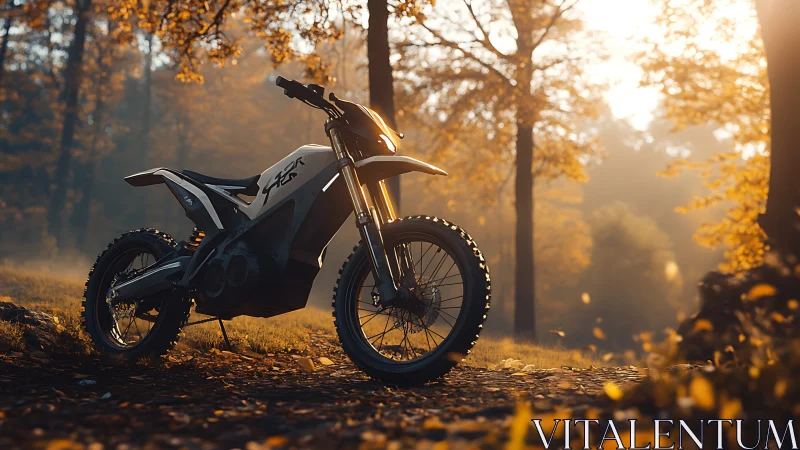 Electric dirt bike glows in golden forest trail sunset haze