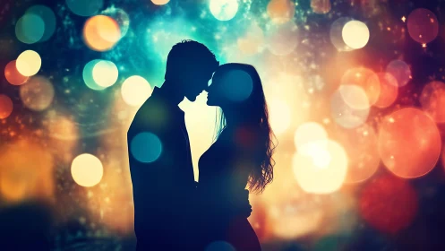 Silhouetted couple kissing against golden bokeh lights.