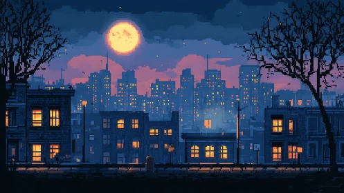 Pixel city skyline under luminous full moon at dusk.