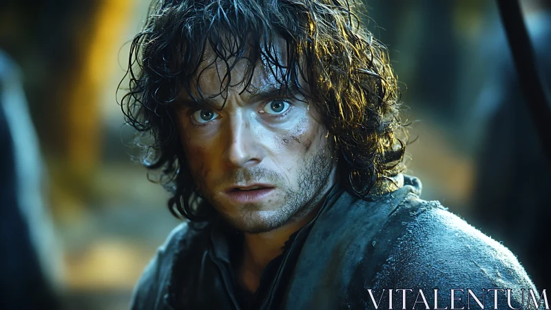 Battle worn warrior stares forward under cold cinematic light.