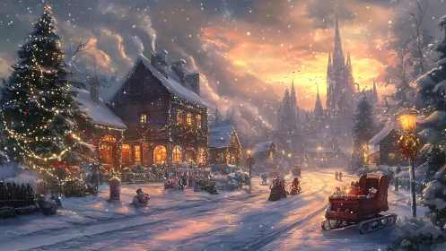 Snowy Christmas village street under glowing sunset sky.