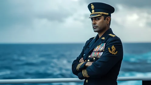 Calm naval officer gazing out over a deep blue ocean.
