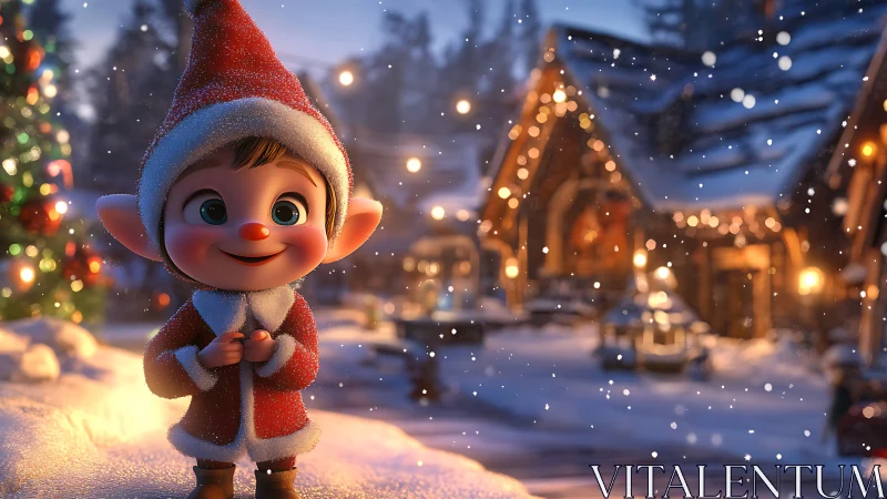 Festive cartoon elf in snowy village with glowing bokeh lights.