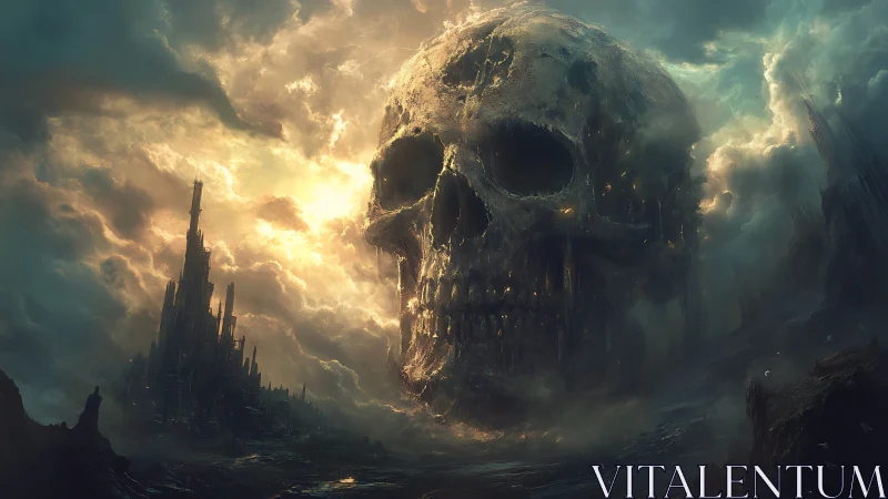 Colossal skull fortress looms over a storm-swept wasteland.