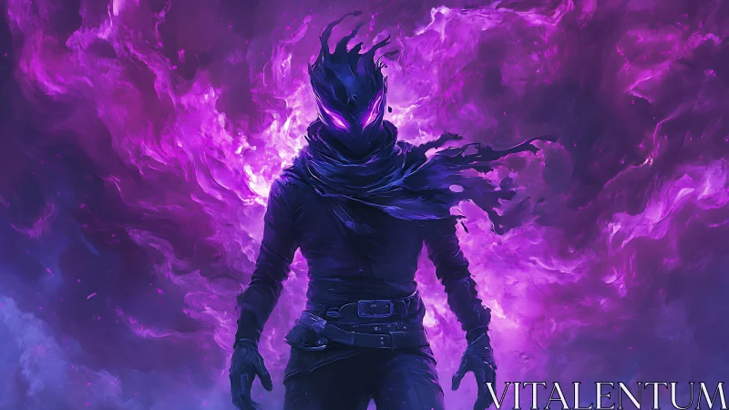Dark humanoid figure stands before swirling violet energy