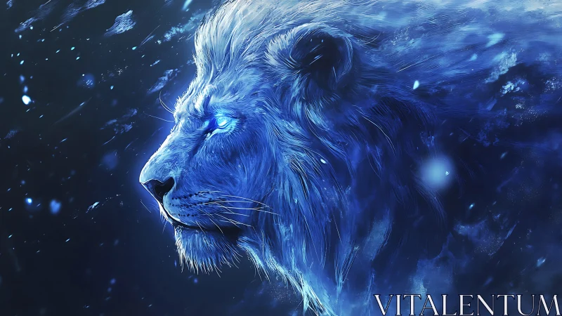 Bioluminescent ice lion rendered in high-contrast blue profile