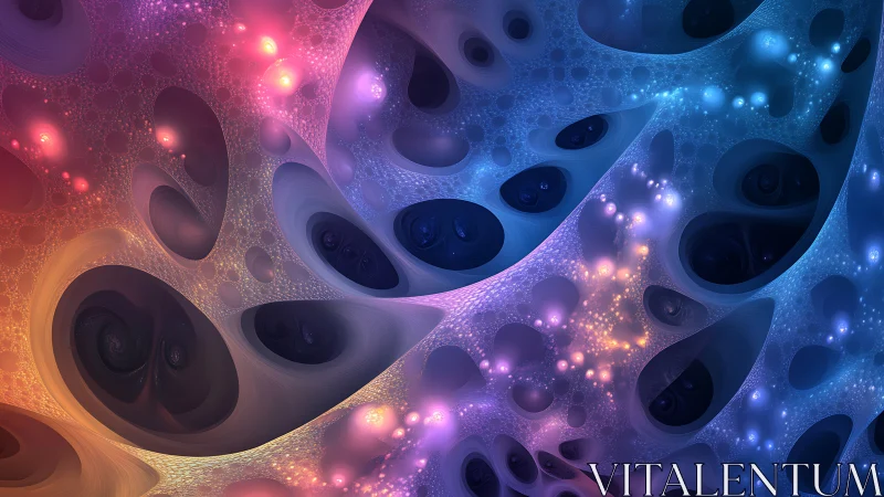 Layered multicolor fractal cavities with glowing clusters.