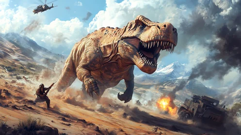 Giant T-Rex rampages through modern desert battlefield scene.