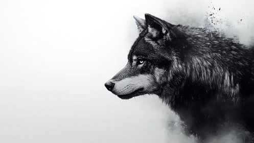 Monochrome lateral wolf portrait with dissolving particle fur