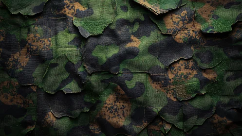 Layered jungle camo tapestry with rugged stitched shadows.
