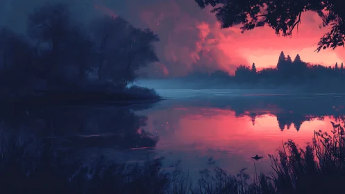 Dreamy lakeside sunset wrapped in soft mist and reflections.