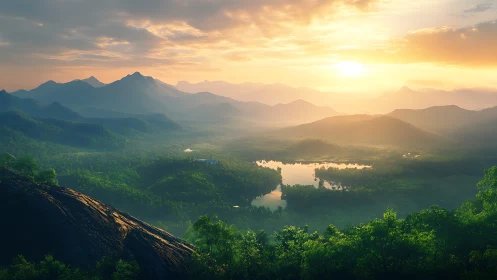 Golden sunrise over peaceful lakes and misty green hills.