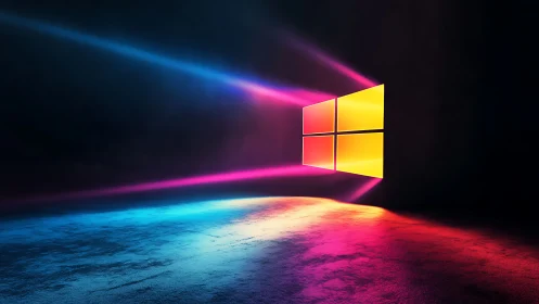 Neon window icon glowing in dark volumetric light field.