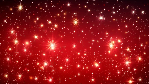 Radiant starfield glows over deep red festive background