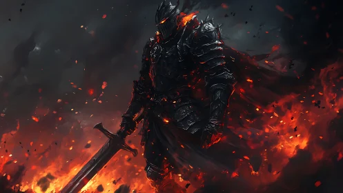Armored dark knight with flaming sword in inferno field.