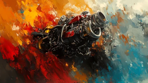 Mechanical heart explodes through molten abstract color field.