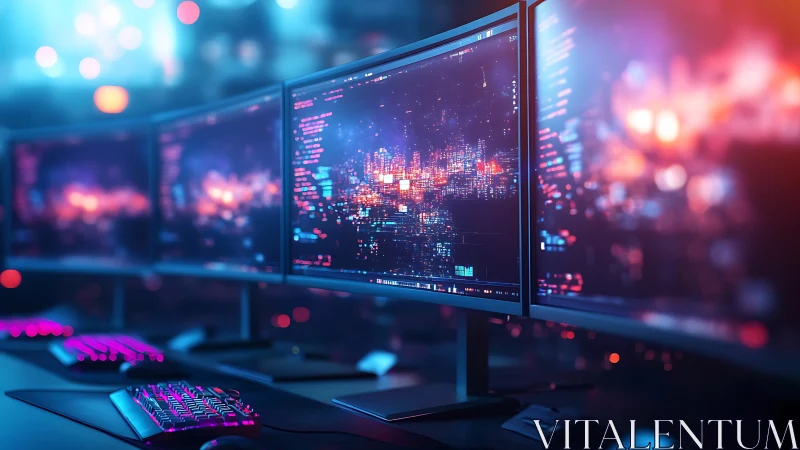 Glowing triple monitors bring a cozy sci fi coding desk to life.