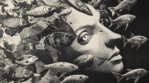 Surreal human face merges with swirling monochrome fish