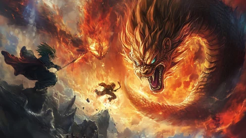 Fiery serpent dragon battle with anime warriors in sky storm.