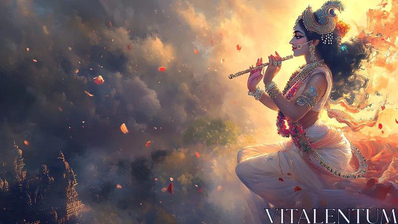 Divine flutist drifts through petals and stormlit heavens.