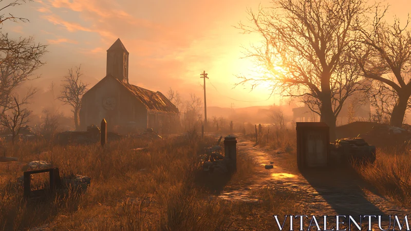 Deserted rural church path under blazing orange sunset.