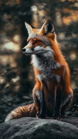 Red fox portrait on forest rock in moody telephoto composition