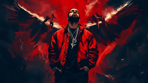 Male figure in red jacket before abstract winged form.