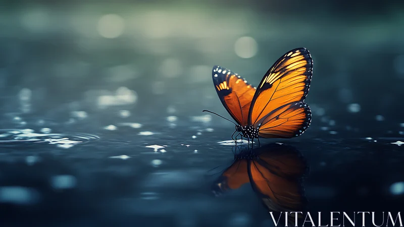 Orange butterfly poised on reflective water surface at dusk.