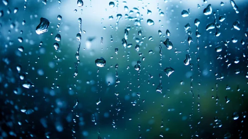 Rain beads streak across cold blue window glass