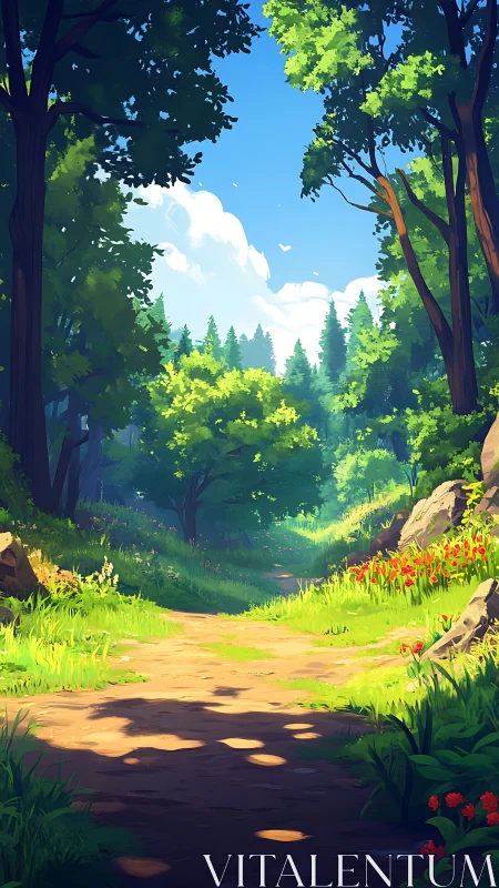 Forest Pathway with Luminous Canopy Filtering Through Dense Woodland Structure.