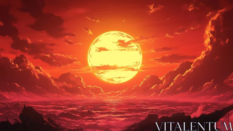 Crimson horizon wrapped around a glowing molten sunset orb.