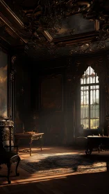 Dark baroque drawing room with ornate furniture and light.