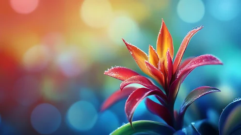 Vibrant bromeliad glows against soft bokeh background
